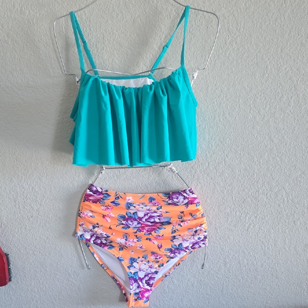 Cupshe Teal Ruffle Bikini Top with Peach Floral High-Waist Bottom